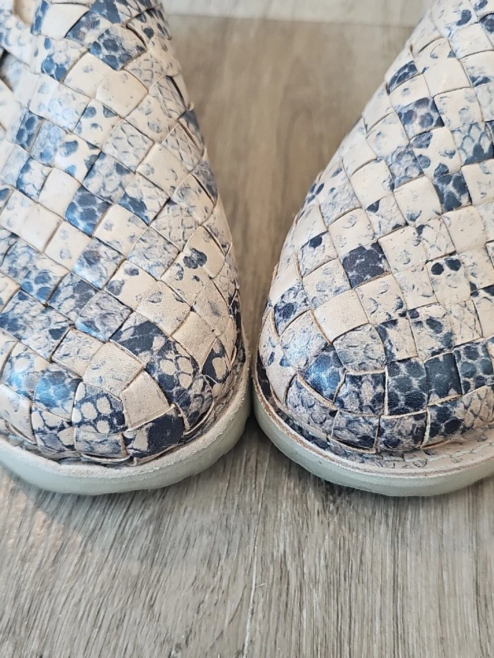 Leather Woven Hurarache Slip-On in Beige and Navy Snake Print!